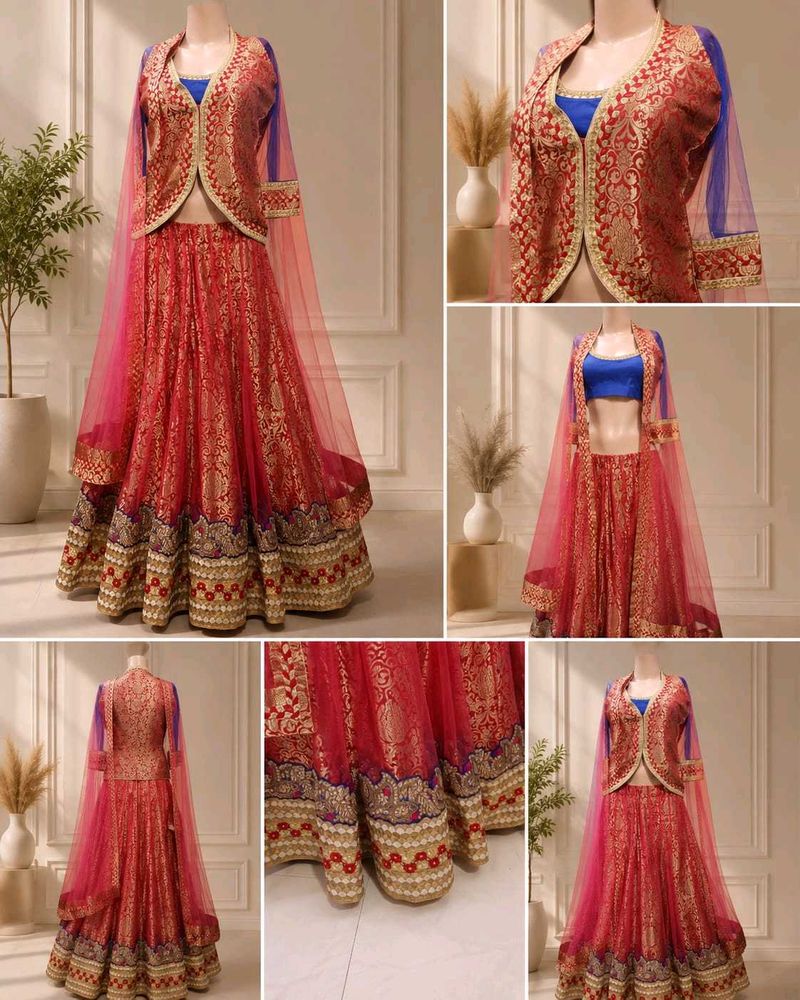 Red &amp; Gold Brocade Lehenga Set with Jacket