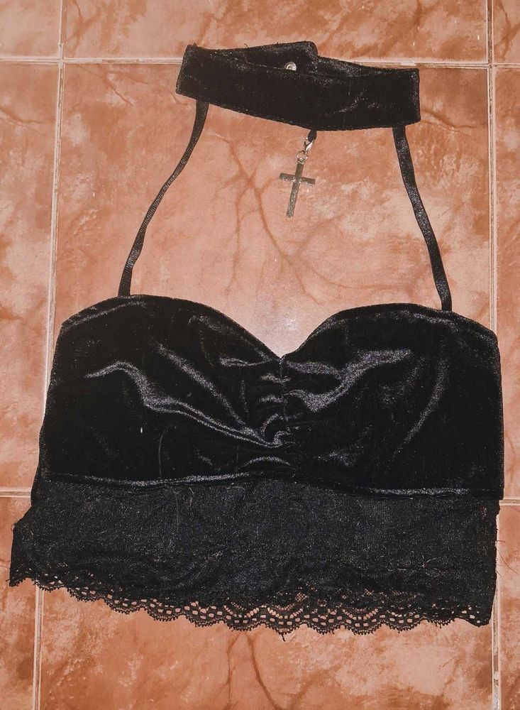 Goth Velvet Halter Top with Cross Charm