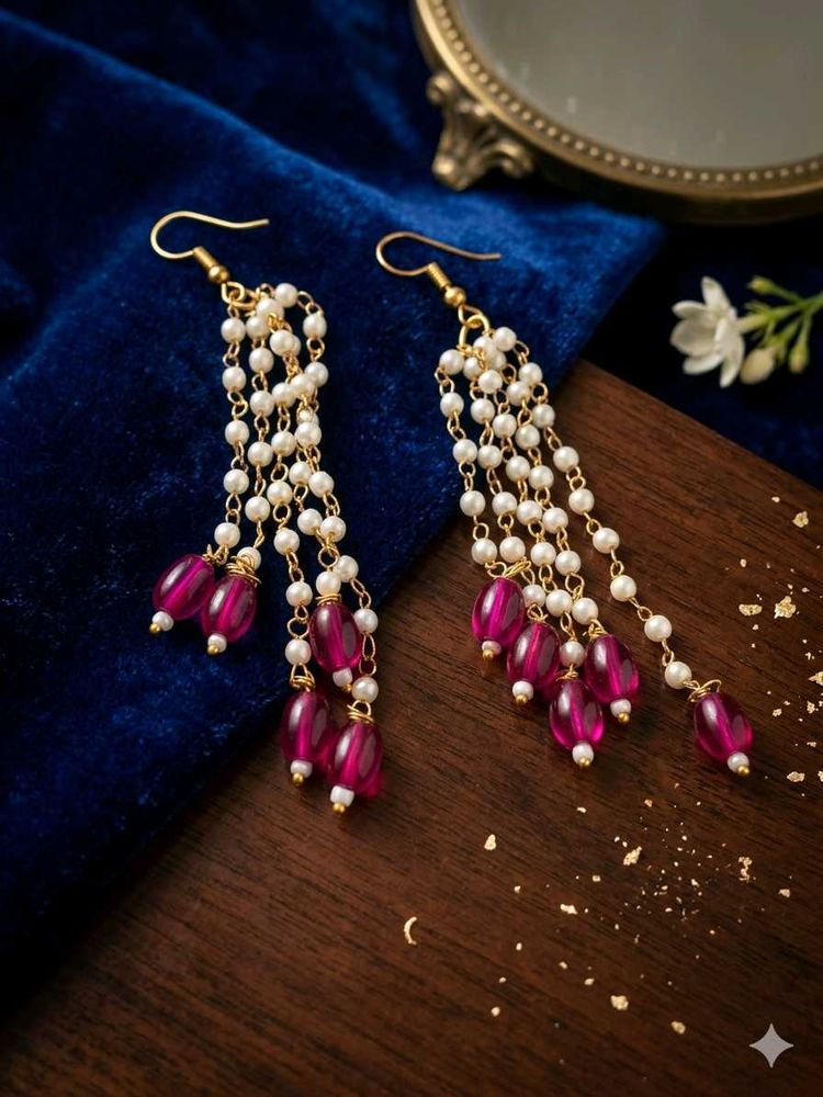 Elegant Pearl &amp; Magenta Dangle Earrings