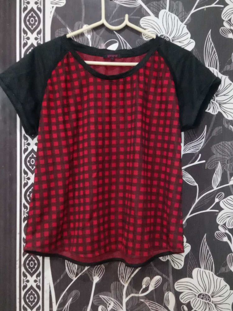 Red Checkered T-Shirt with Black Sleeves