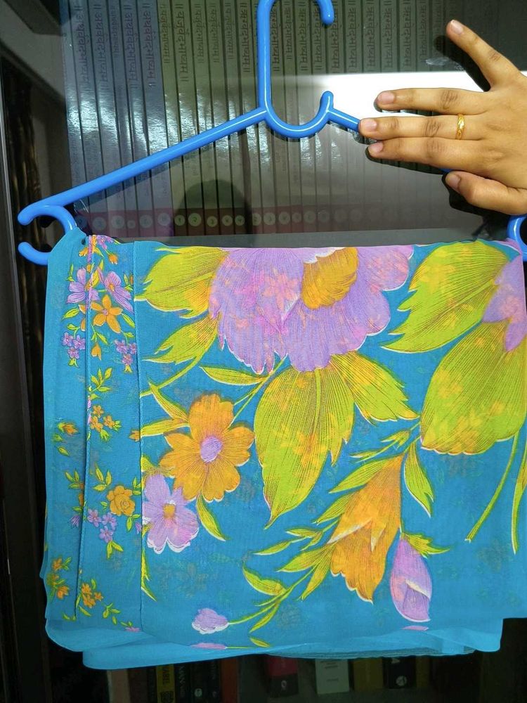 Beautiful Blue Floral Chiffon Saree