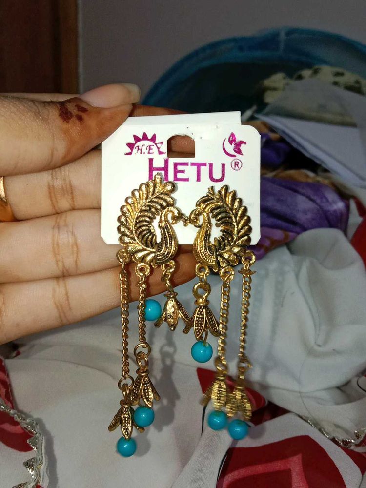 Peacock Design Earrings with Blue Beads