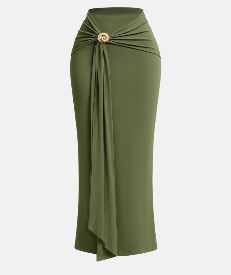 Savana Olive Green Wrap Skirt with Shell Accent