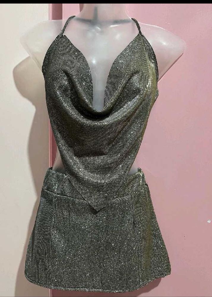 Sparkly Halter Neck Mini skirt and backless top