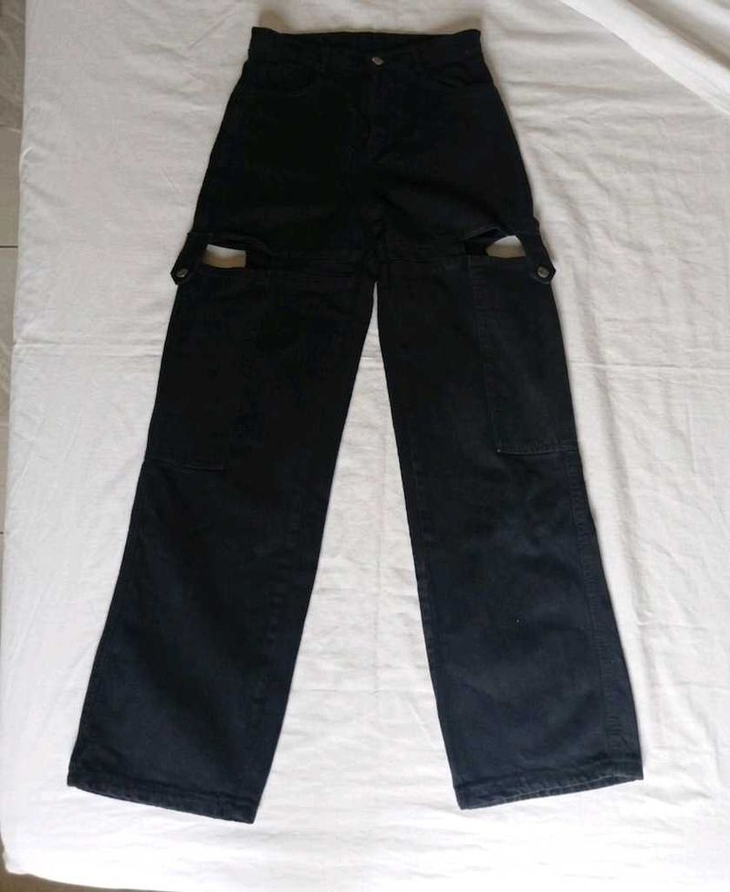 Black Cargo Style Pants with Cut-Out Detail