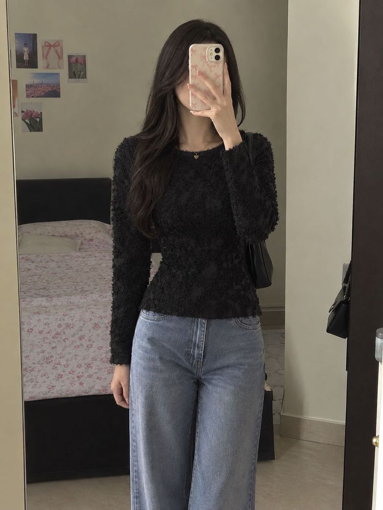 Black Textured Sheer Top