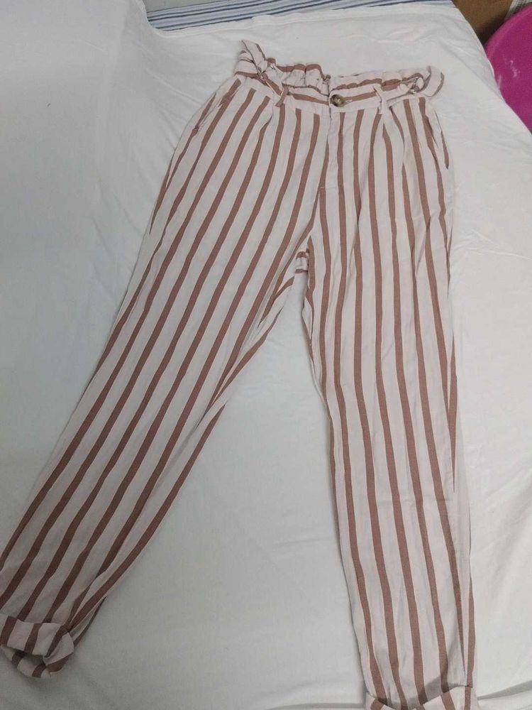 Striped High-Waisted Paperbag Pants
