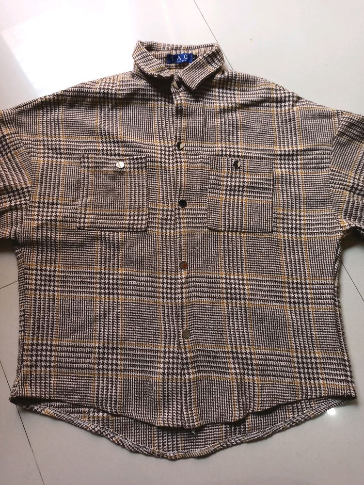 Women Oversized Check-pattern Wool Shirt