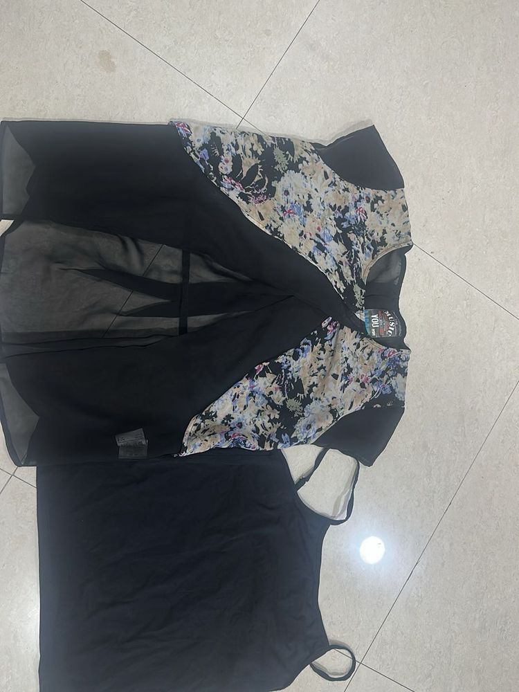 Chic Floral Print Sheer Overlay Top