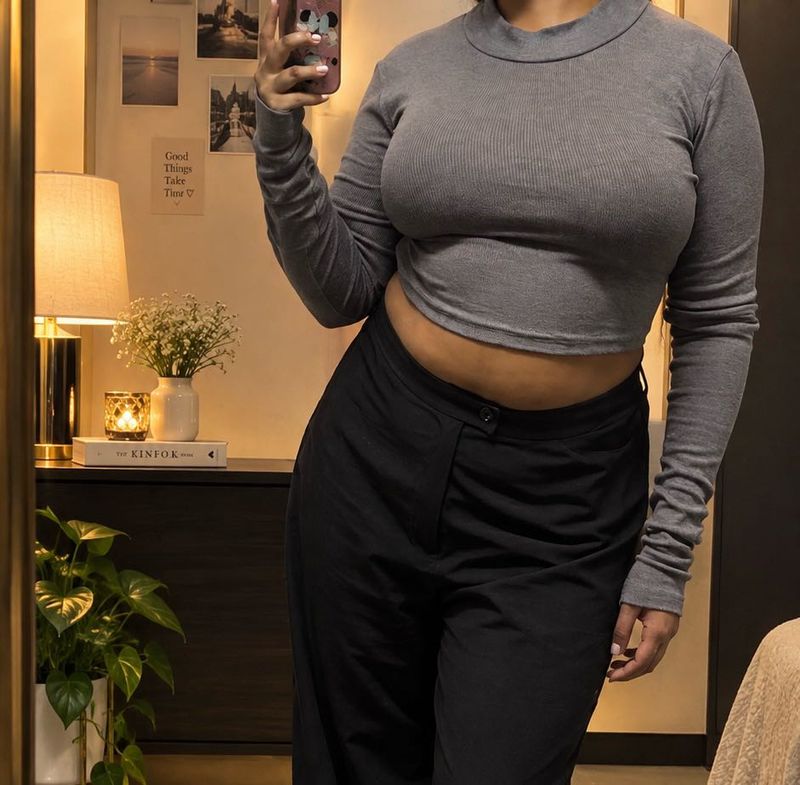 Grey Ribbed Mock Neck Cropped Top