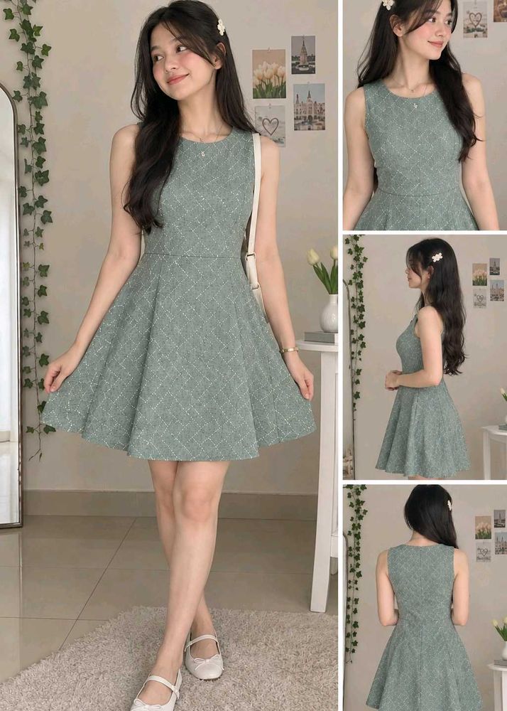 Sage Green Diamond Pattern Flared Dress