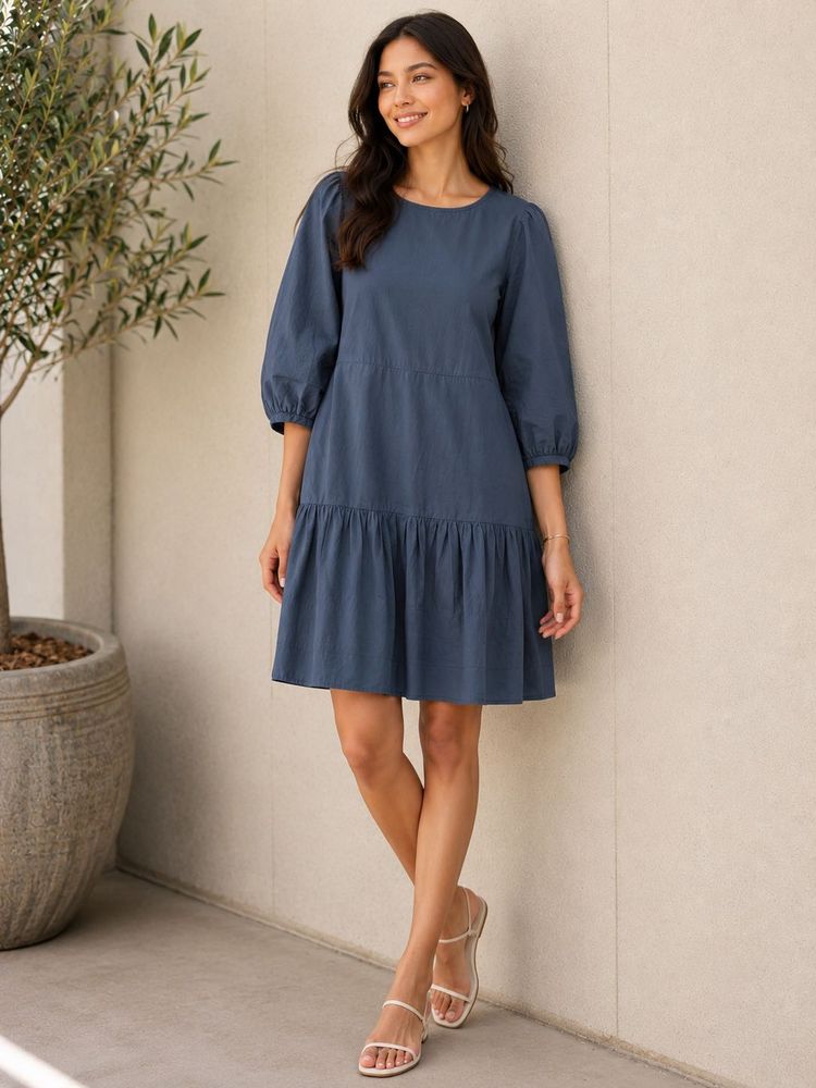 Rareism Navy Blue Tiered Midi Dress