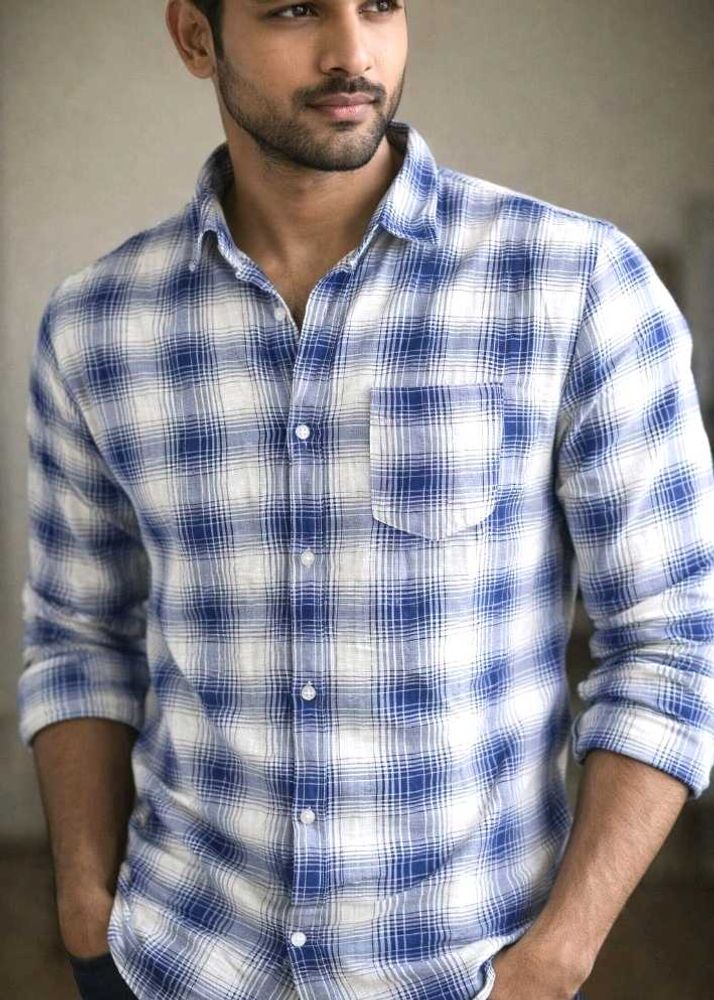 Men's Blue &amp; White Plaid Shirt