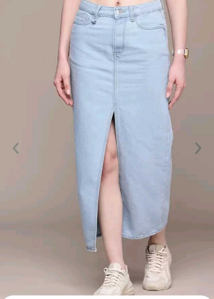 Light Wash Denim Maxi Skirt with Slit
