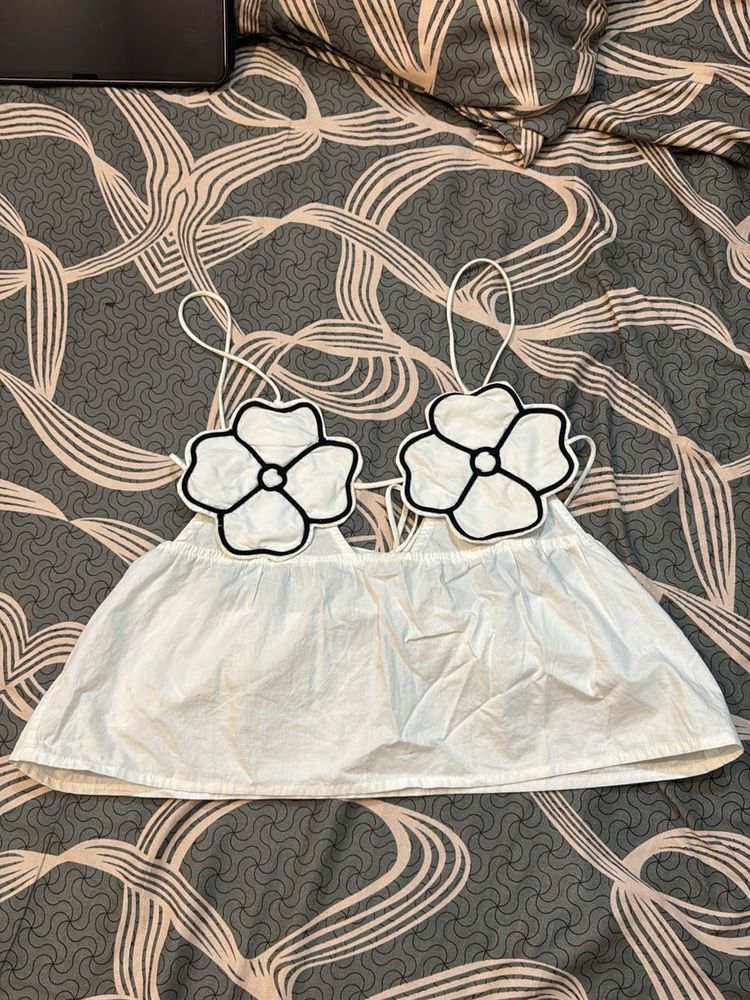 White Crop Top with Flower Detail