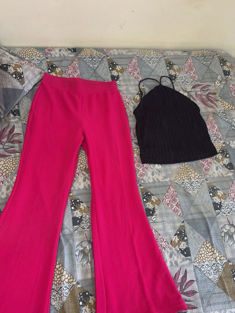 Chic Black Halter Top &amp; Hot Pink Pants Set