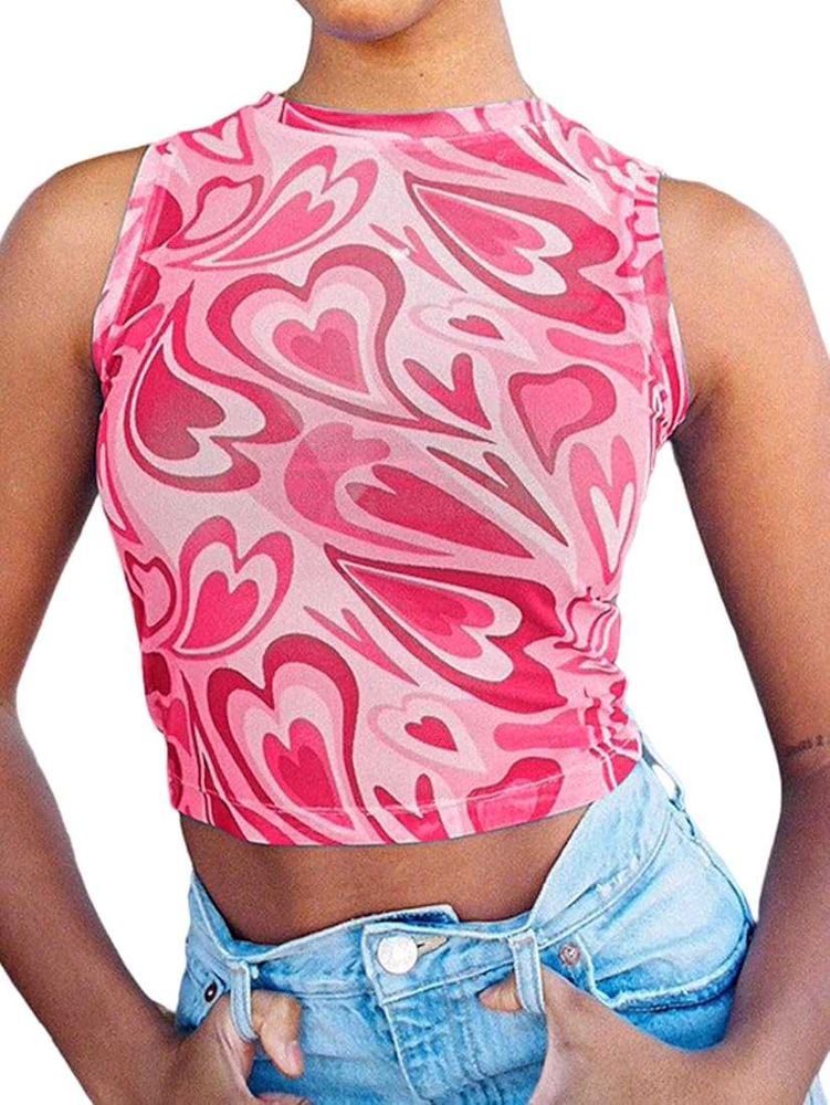 Pink Heart Print Mesh Crop Top