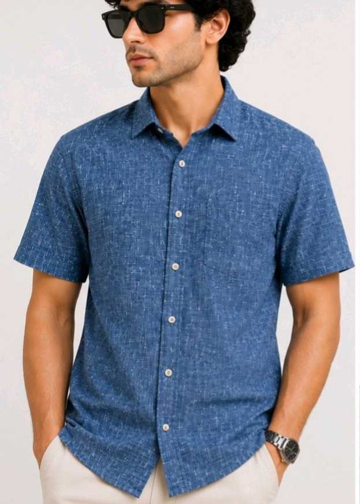 Men's Blue Textured Short Sleeve Shirt