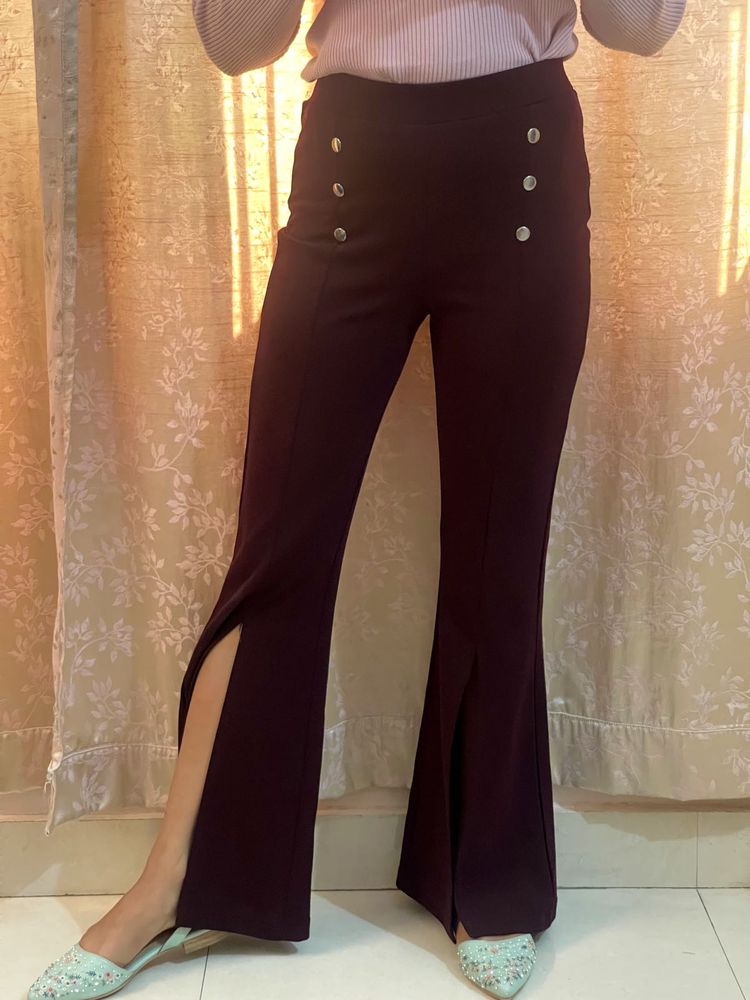 Women Burgundy Bootcut Trousers with Slit