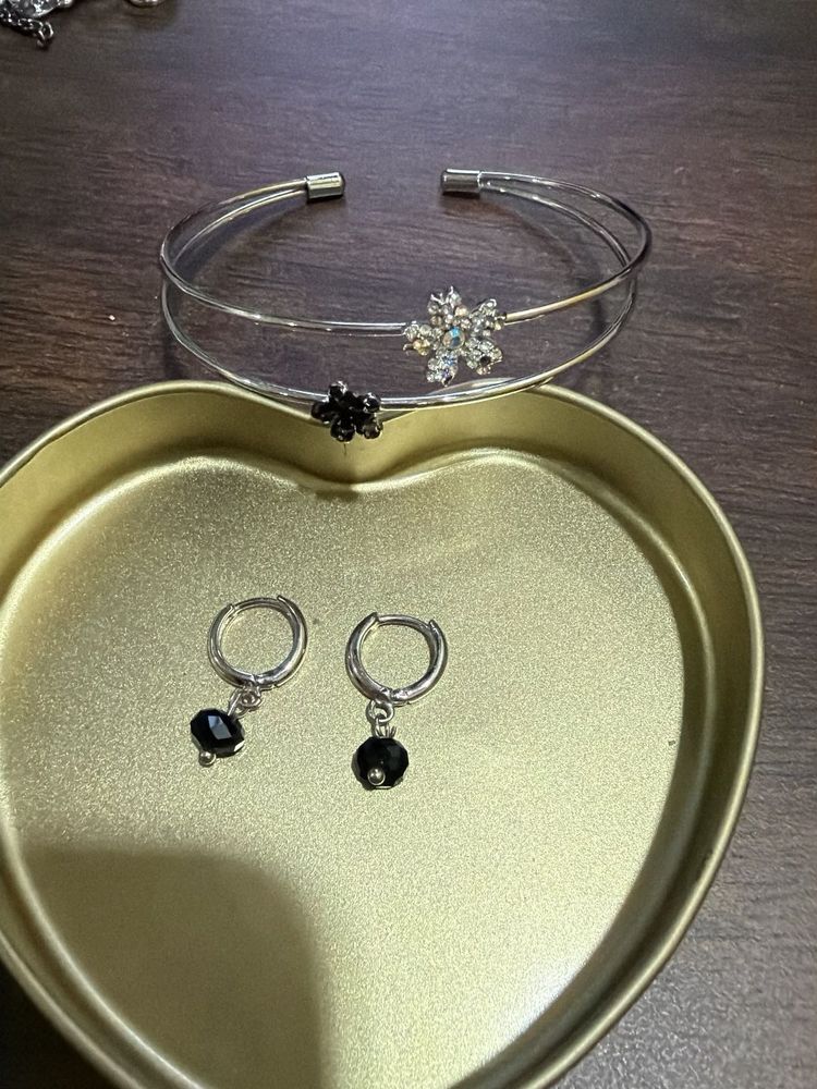 Silver Floral Bracelet &amp; Crystal Earrings