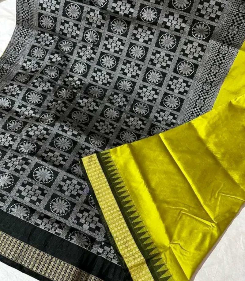 Black &amp; Yellow Sambalpuri Mix Patto Silk Saree