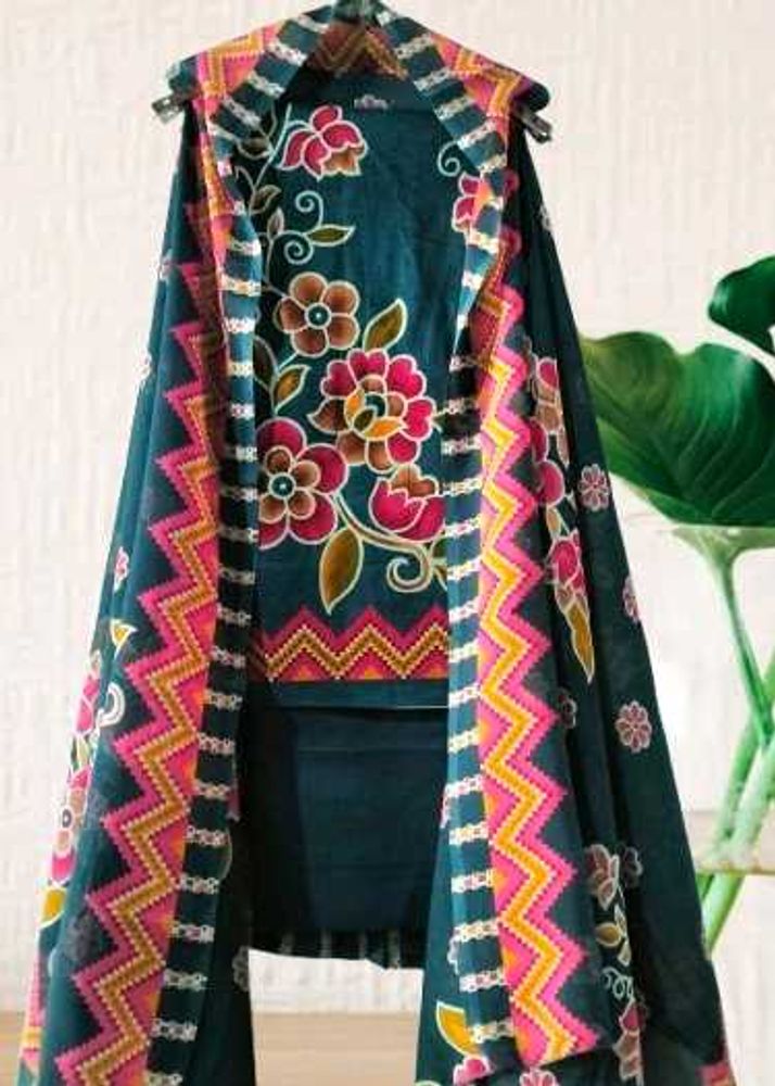 Navy Blue colour printed suit with dupatta