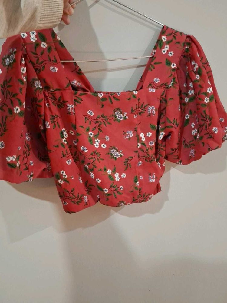 Floral Print Square Neck Puff Sleeve Top