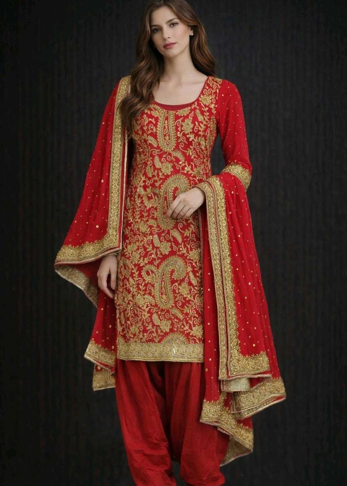 get free paranda Red Embroidered salwar sui