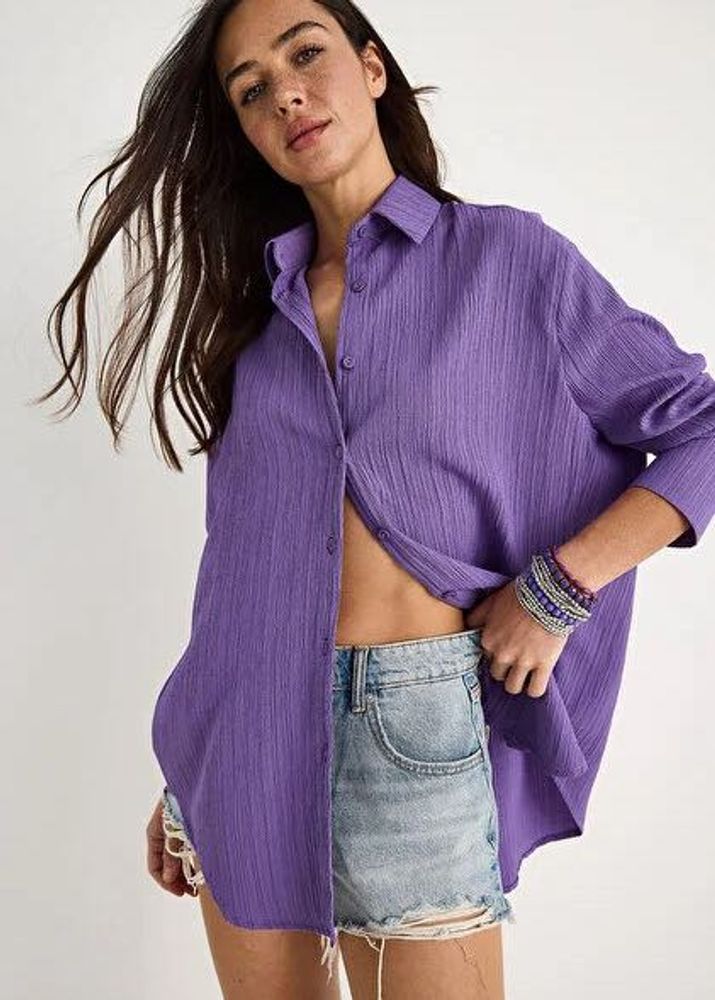 Purple Textured Oversized Button-Up Shirt