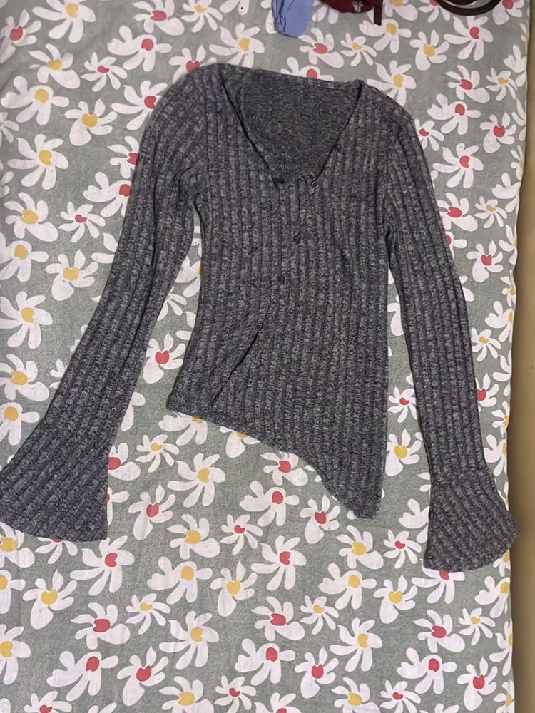 Grey Ribbed Bell Sleeve Top