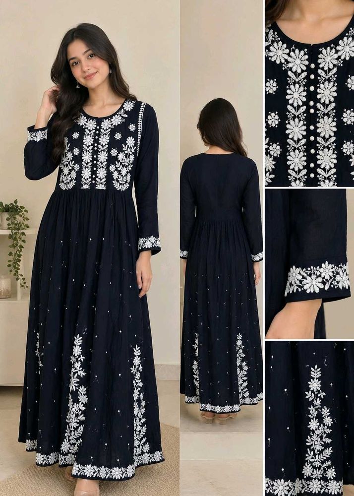 Navy Blue Floral Embroidered Long Dress/Kurti