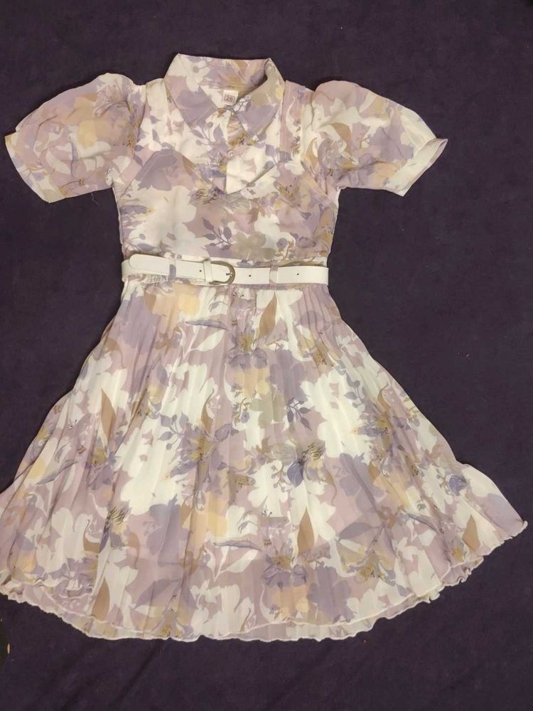 white Mauve Chic Floral Print Dress with Belt