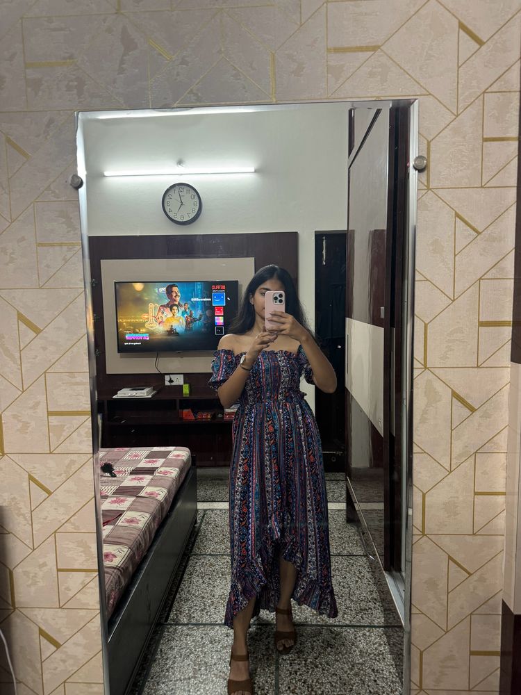 Off Shoulder Printed High Low Dress