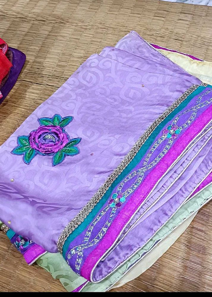Beautiful Lavender Saree with Floral Embroidery