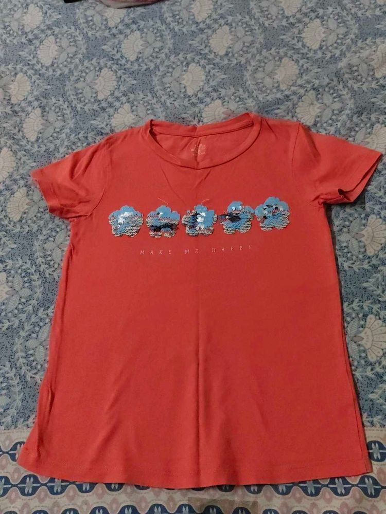 Cute Coral T-Shirt with Sequins