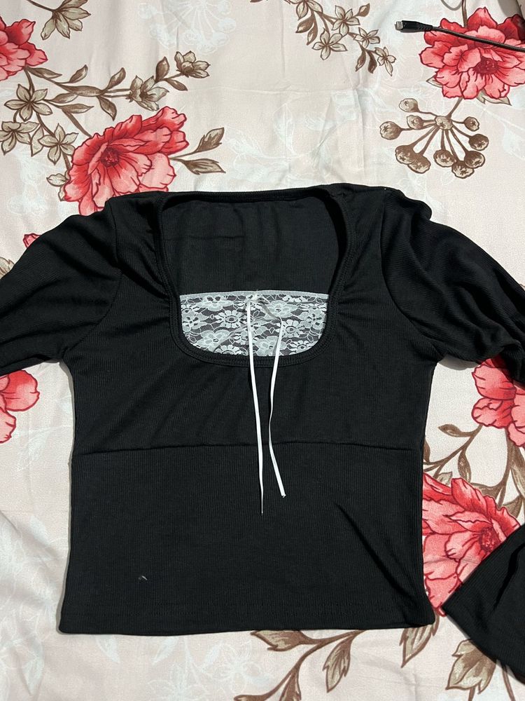 Black Lace Trimmed Square Neck Top
