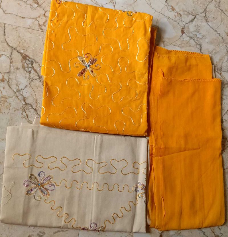 Embroidered Yellow &amp; Beige Kurta Set dress materia