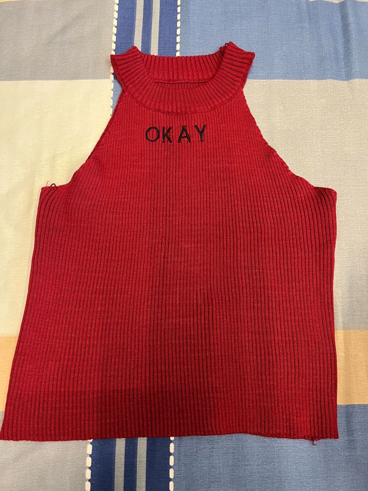 Red Ribbed Tank Top "OKAY"