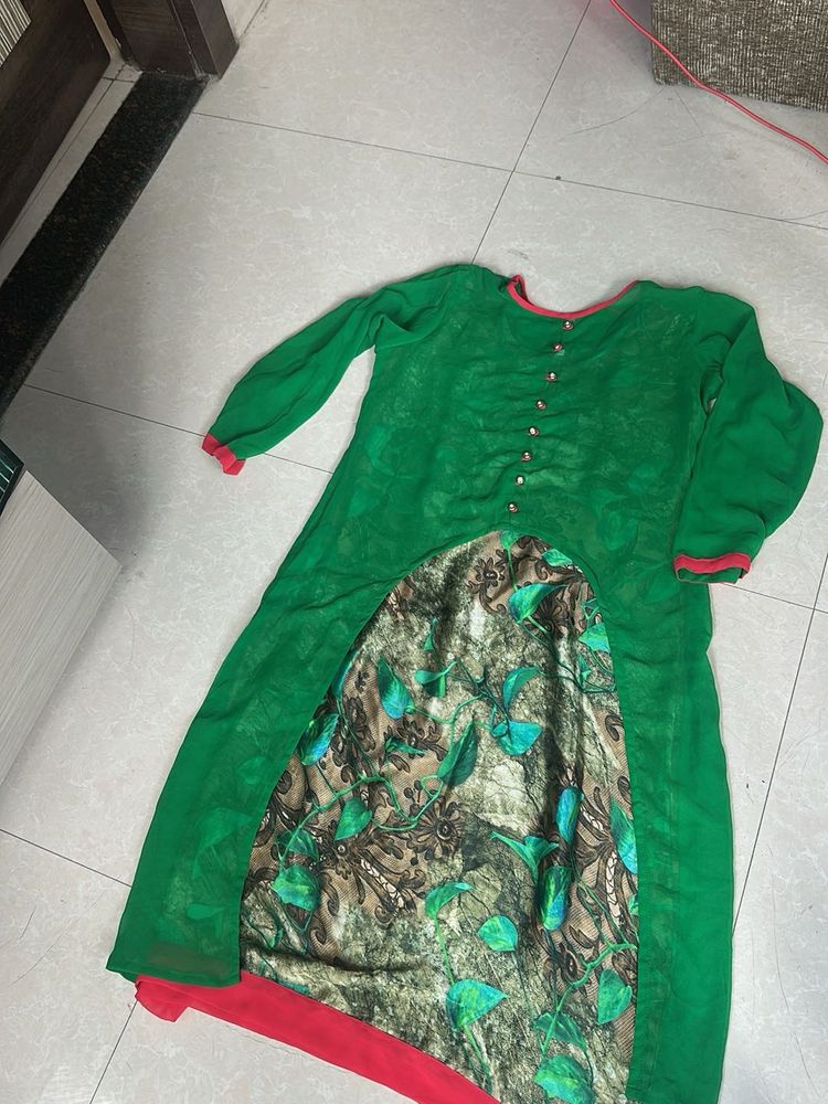 Green Kurta with Printed Panel