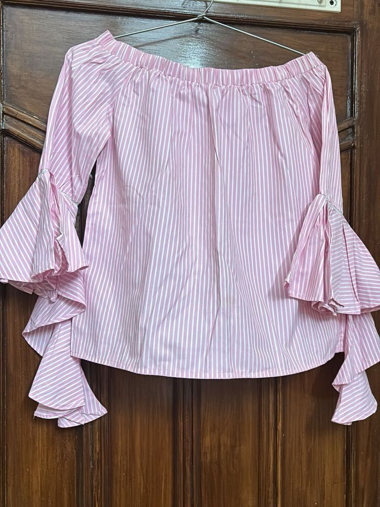 Pink Striped Off-Shoulder Bell Sleeve Top