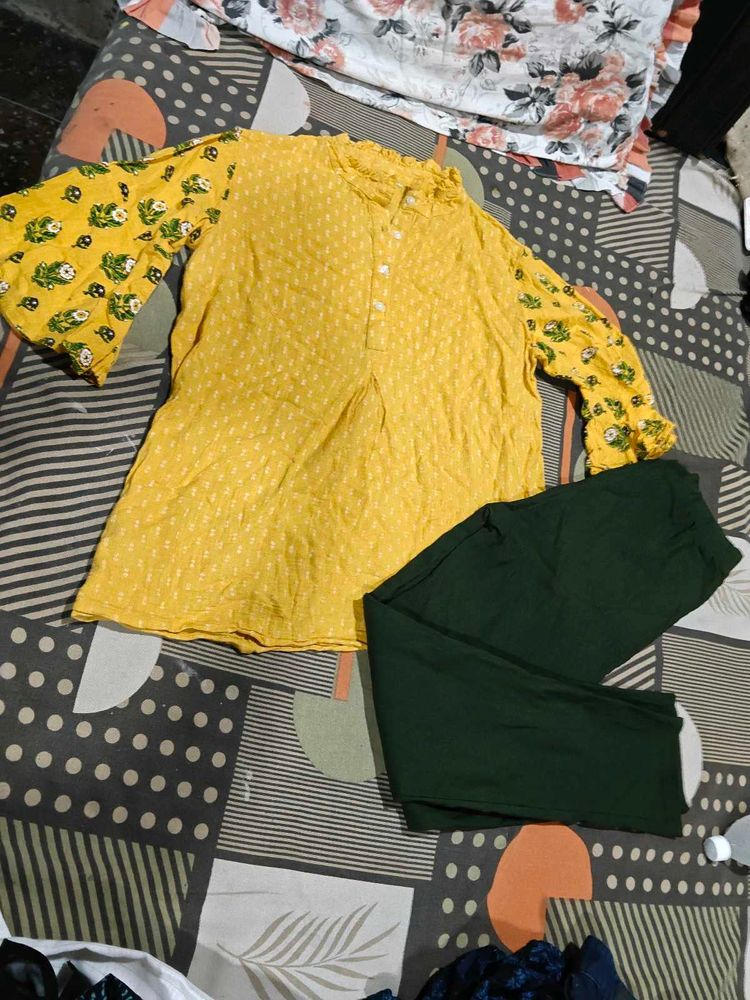 Yellow Kurta  green pants Set with Printed Sleeves