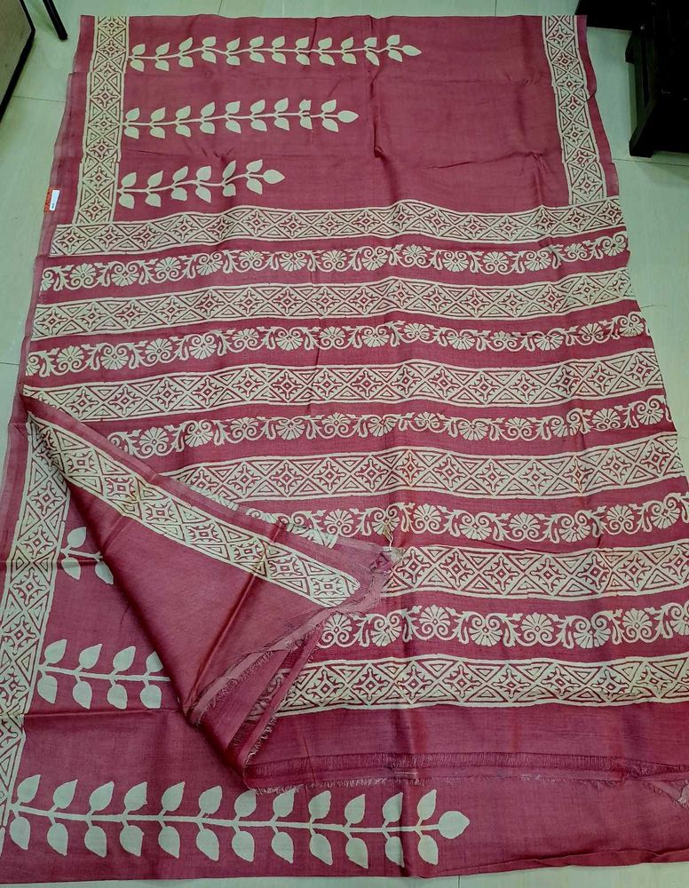 BRAND NEW Pink Block Print Tussar Saree