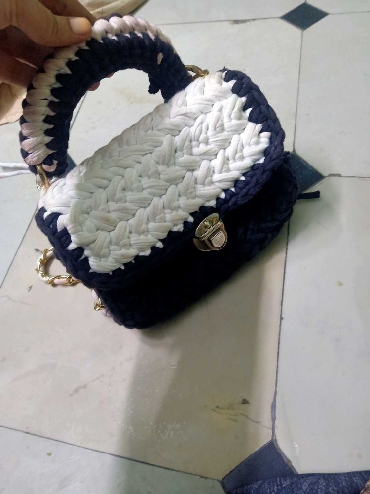 Chic Hand-Knitted Sling Bag black and white