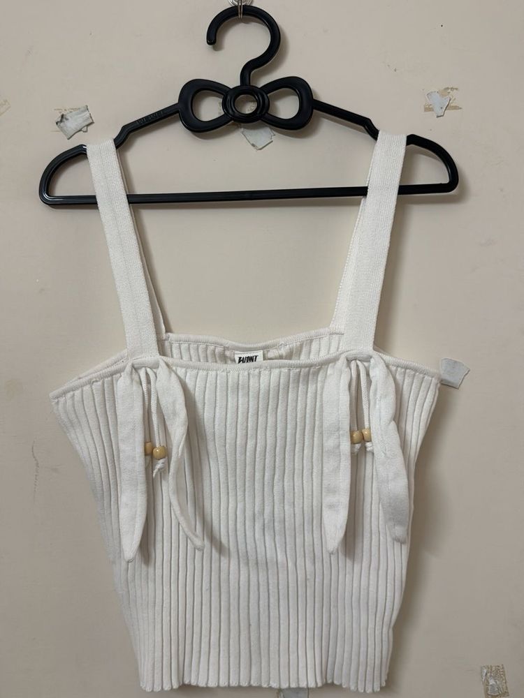 White Ribbed Knit Tie-Strap Tank Top