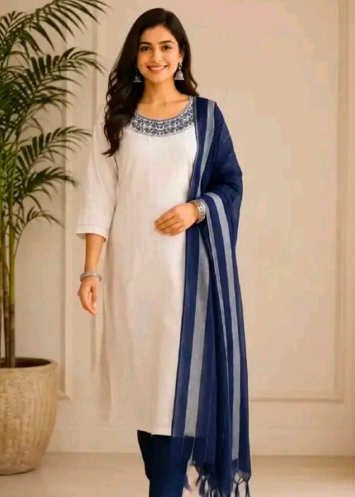 Elegant White Kurta Set with Blue Dupatta
