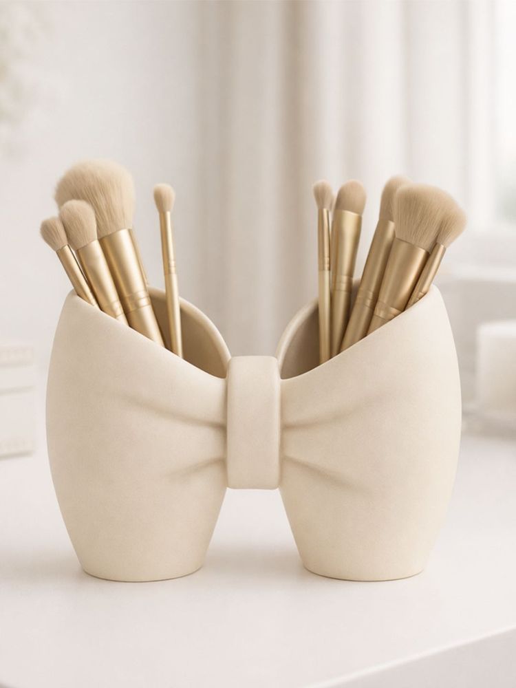 Handcrafted White Bow Brush Holder