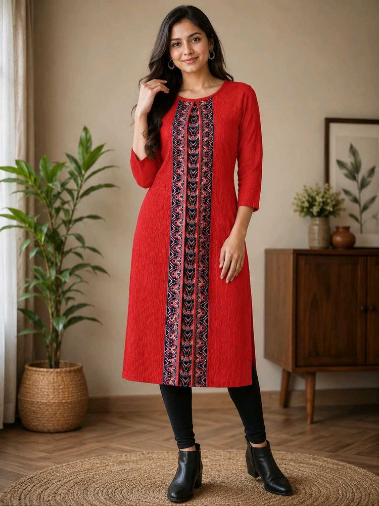 Red Ethnic Print woolen Kurti