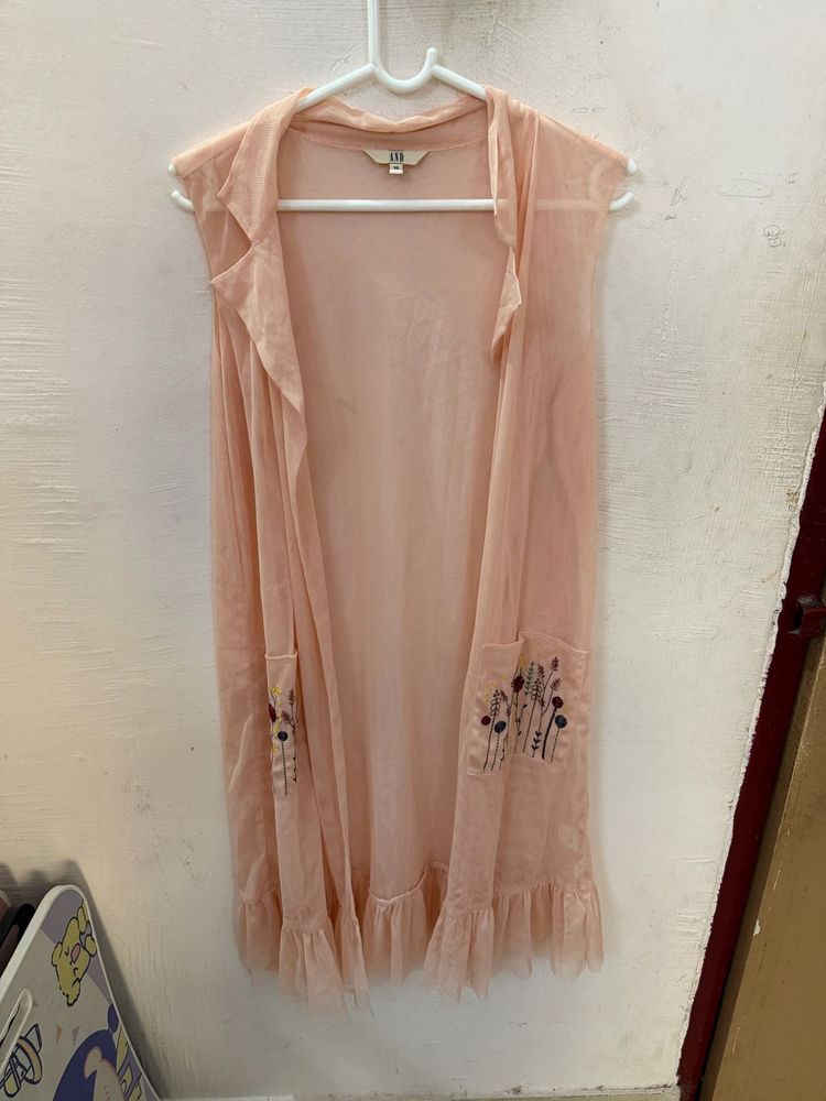 AND pink  Sheer Embroidered Sleeveless shrug