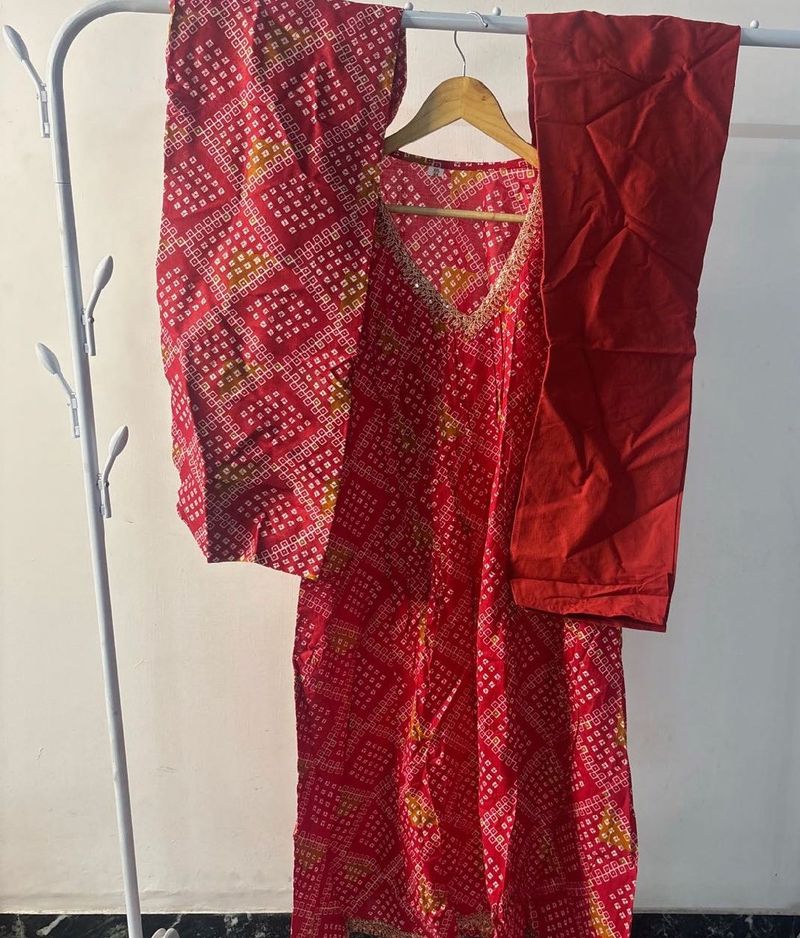 Vibrant Red Bandhani Kurta Set