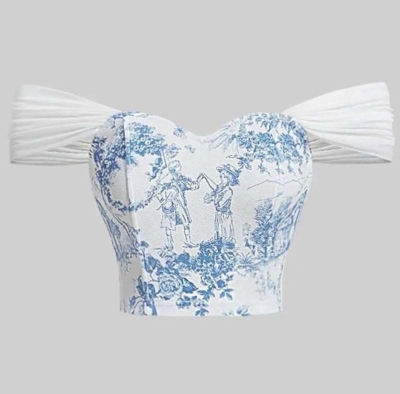 Off-Shoulder Blue Print Crop Top